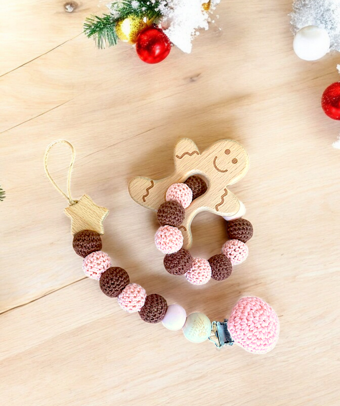 Set gingerbread man-Beissring mit Schnullerkette