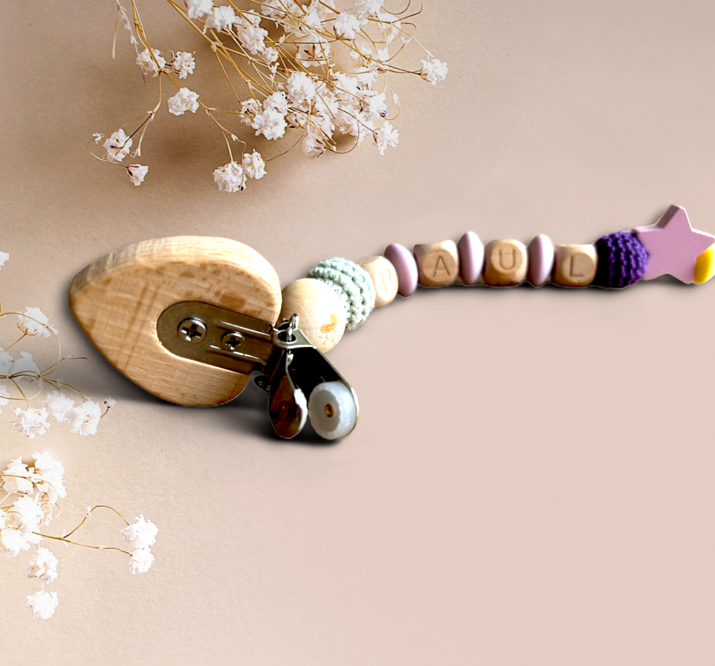 Schnullerkette Herz personalisiert Frühling