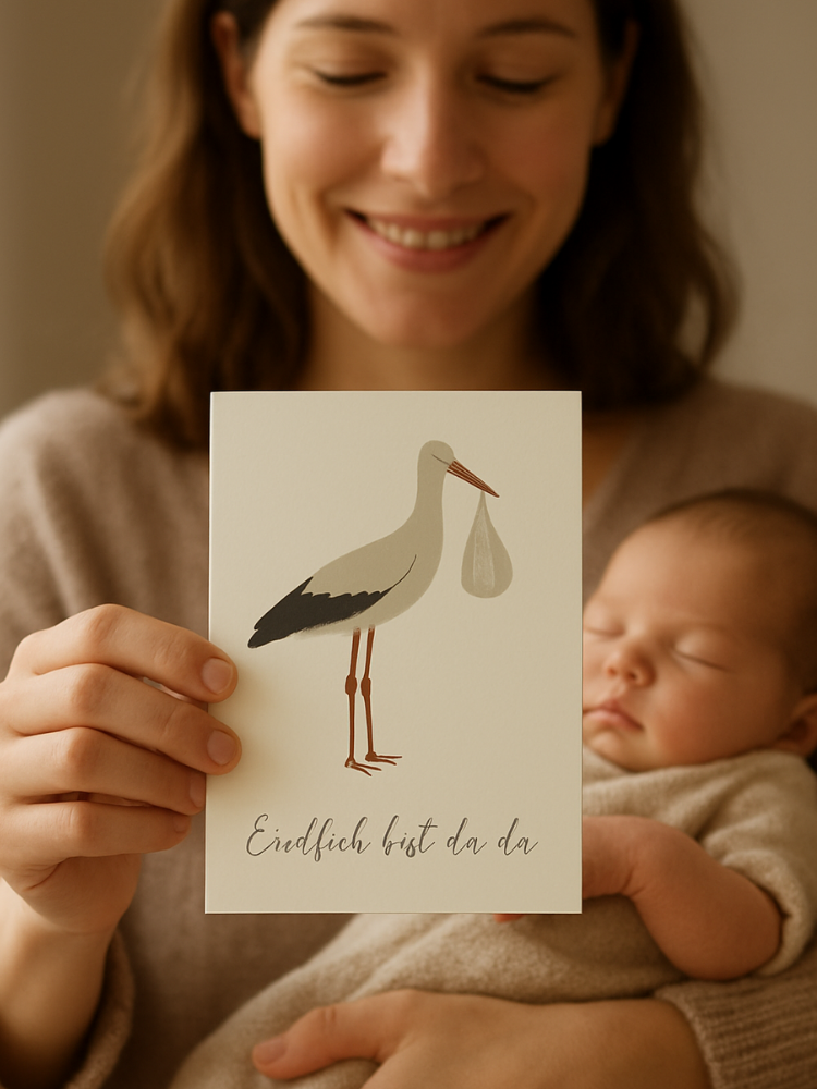 Geburtskarte Storch mit Baby