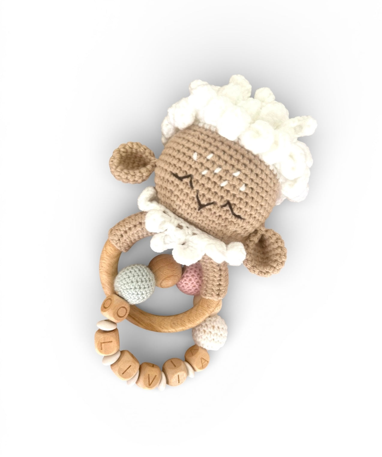 Personalisierte Schafrassel mit Namen - Handgefertigt mit Holzring – Baby Geschenk – schadstoffrei