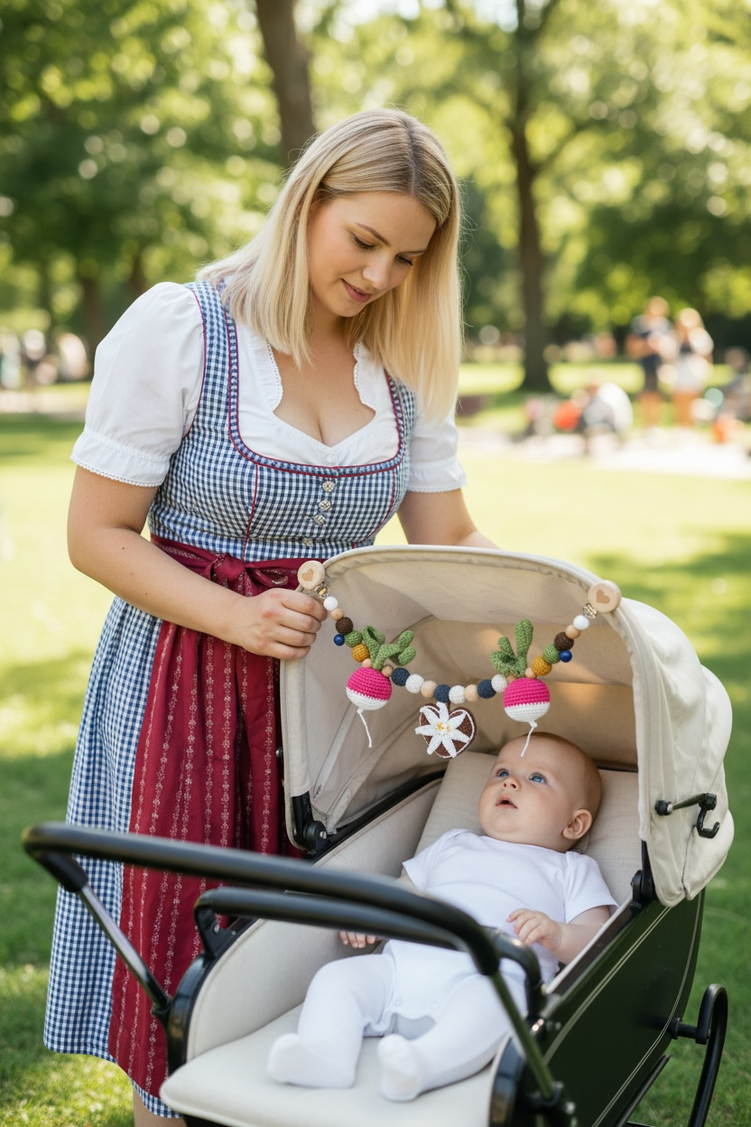 Handgehäkelte Oktoberfest Kinderwagenkette – Edelweißherz, Radieschen- Bayern