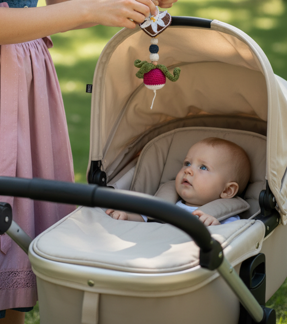 Handgehäkelter Oktoberfest- Anhänger für den Kinderwagen - Herz mit Edelweiß & Radiesschen – Bayerisches Trachten-Accessoire Bayern